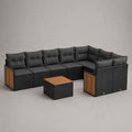 8-teilige Gartensofa-Ecklounge aus PE-Rattan, Stahl und Akazien-Massivholz, L-Form, Schwarz/Dunkelgrau/Naturbraun, 282 × 174 × 68 cm