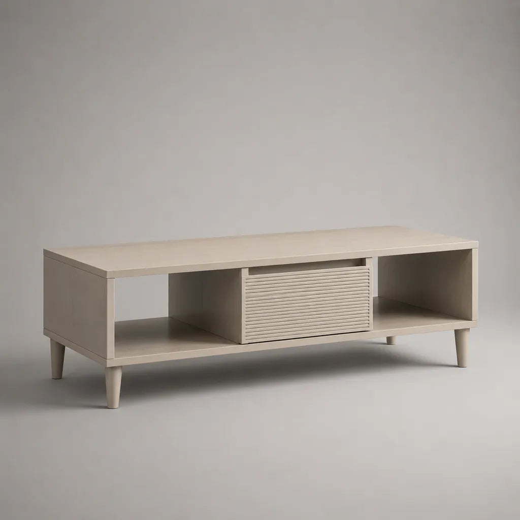 Rechteckiger Couchtisch aus MDF mit Schublade und 2 Ablagefächern, Beige, 120 × 60 × 45 cm