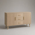 Rechteckiges Sideboard aus MDF mit 2 Türen und 3 Schubladen, Eiche hell und messingfarben, 140 × 40 × 80 cm