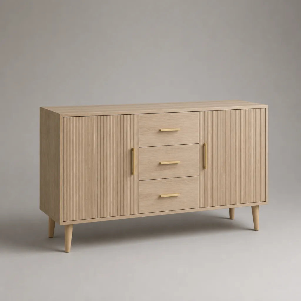 Rechteckiges Sideboard aus MDF mit 2 Türen und 3 Schubladen, Eiche hell und messingfarben, 140 × 40 × 80 cm