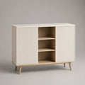 Sideboard mit 2 Türen und 3 offenen Fächern aus MDF und Kautschukholz, Elfenbein/Natur, 120 × 40 × 90 cm