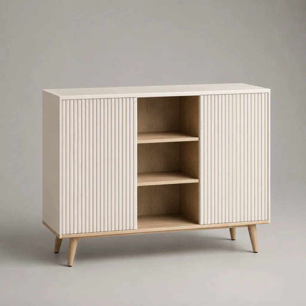 Sideboard mit 2 Türen und 3 offenen Fächern aus MDF und Kautschukholz, Elfenbein/Natur, 120 × 40 × 90 cm