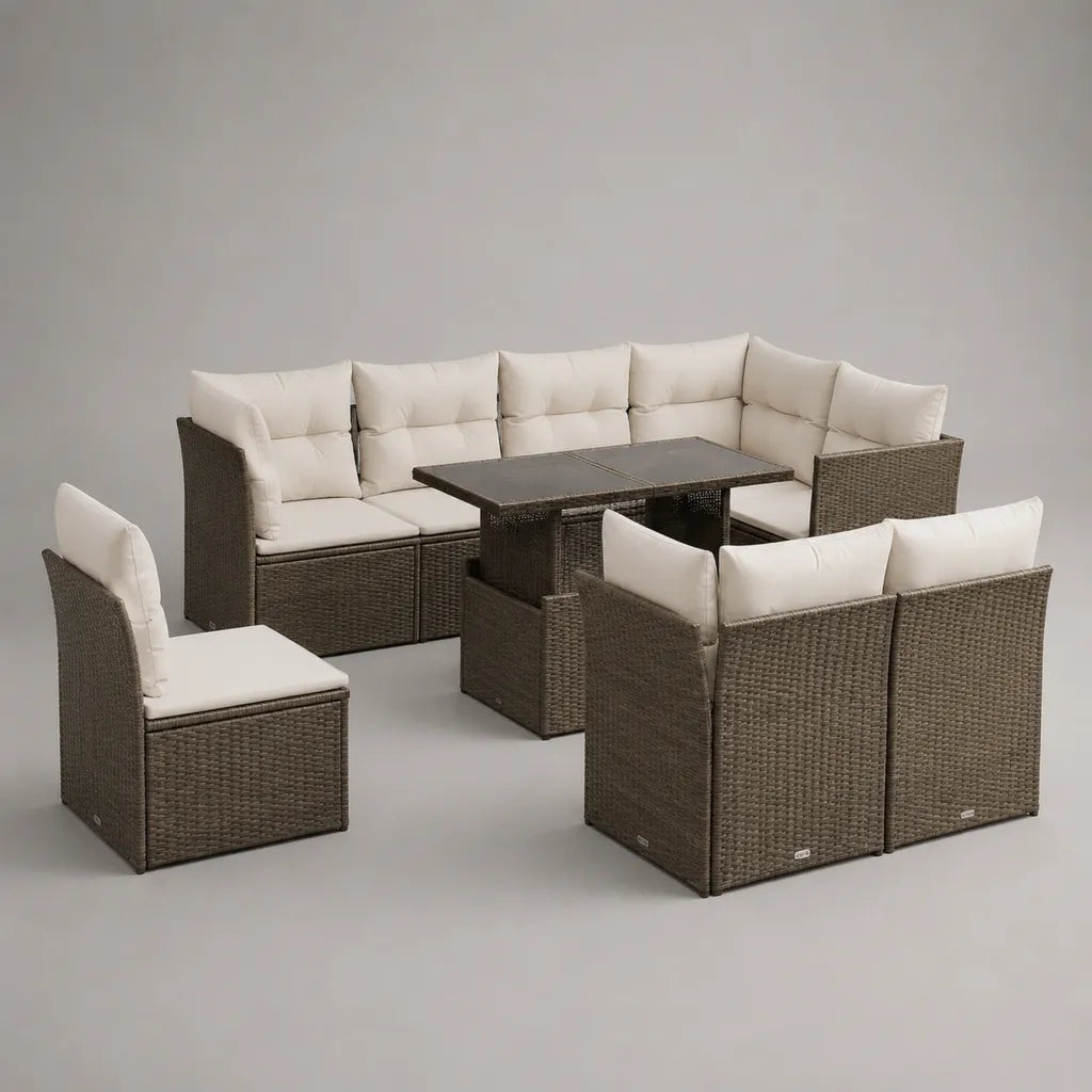 Gartenlounge-Set für 8 Personen aus PE-Rattan mit Ecksofa 238 × 178 × 84 cm, 3 Sesseln und Esstisch 145 × 75 × 68 cm, Braun/Cremeweiß