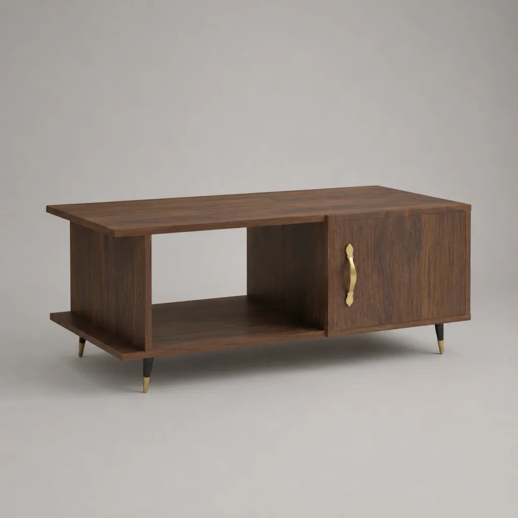 Rechteckiger Couchtisch mit Stauraum aus MDF und Stahl, Walnussbraun, Schwarz und Messingfarben, 100 × 50 × 45 cm