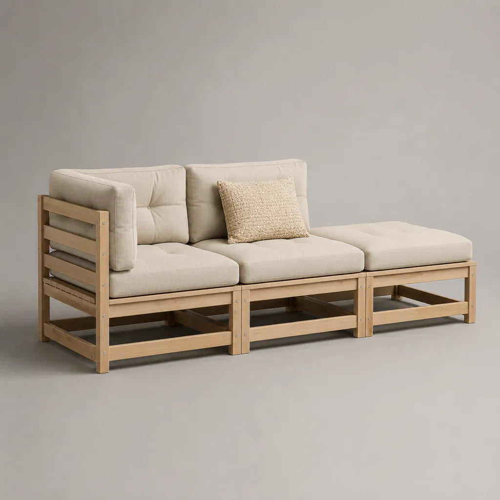 3-teilige Garten-Sitzgruppe aus massivem Akazienholz mit Polyesterpolstern, Natur/Beige, 210 × 75 × 78 cm