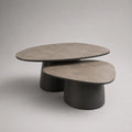 2-teiliges Couchtisch-Set mit Keramikplatten und Stahlgestellen, organische Form, Taupe/Schwarz, 100 × 60 × 42 cm und 75 × 50 × 34 cm