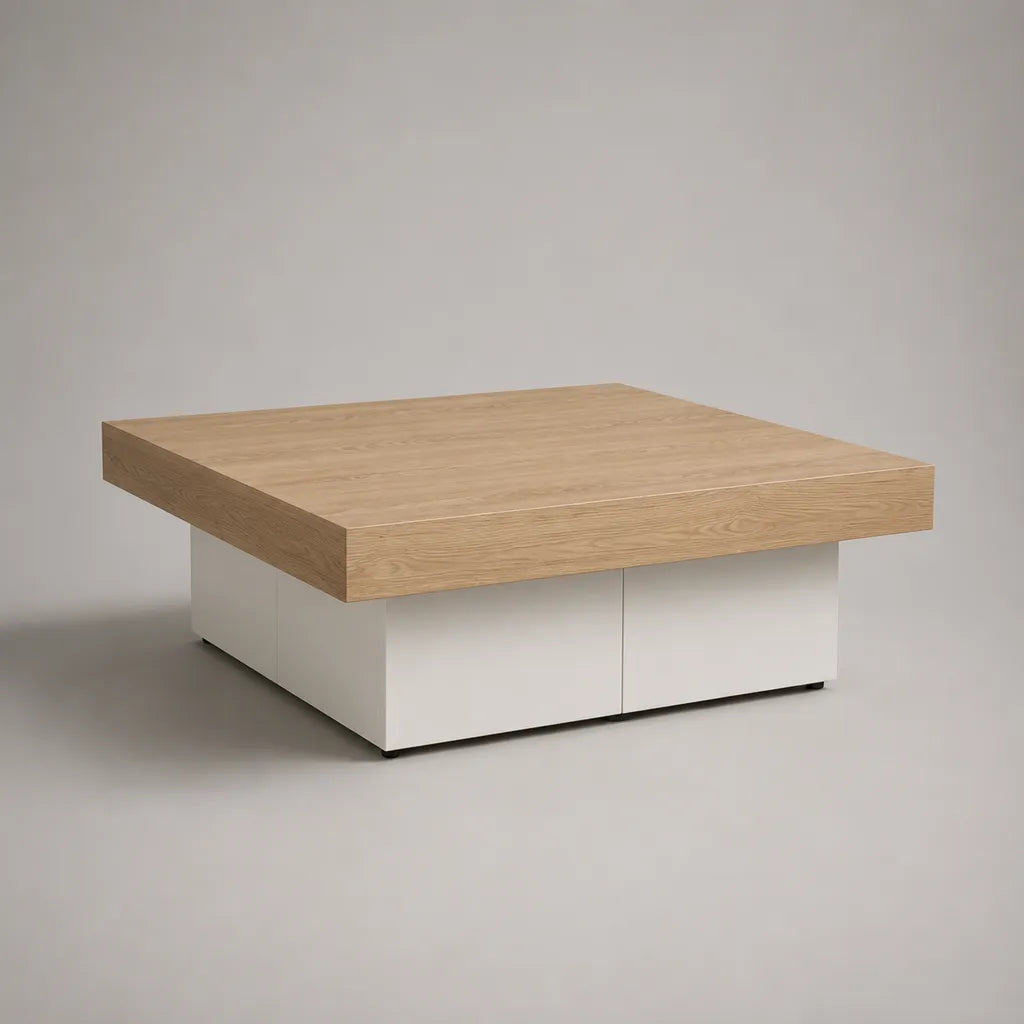 Quadratischer Couchtisch aus MDF mit Eichenfurnier, Eiche Natur/Weiß, 90 × 90 × 40 cm