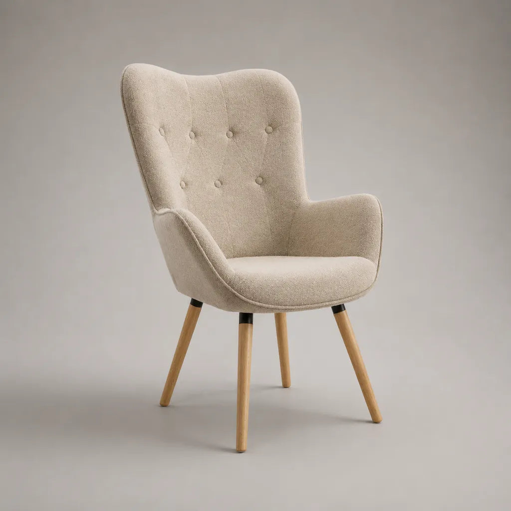 Ohrensessel mit Armlehnen, Bouclé-Stoffbezug und Holzbeinen, Beige, 76 × 73 × 101 cm