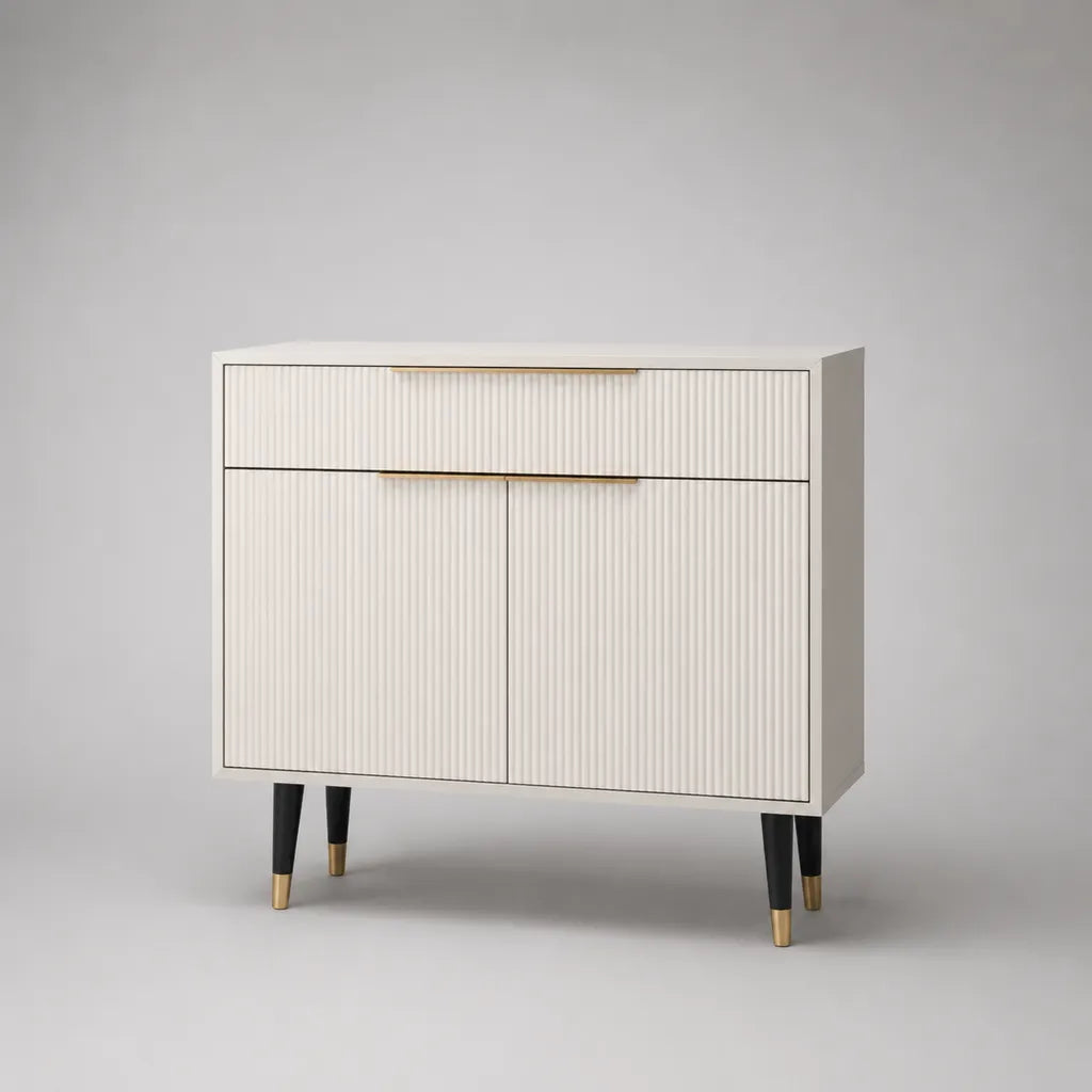 Sideboard mit 1 Schublade und 2 Türen aus MDF und Stahl, Weiß/Schwarz/Goldfarben, 100 × 40 × 90 cm