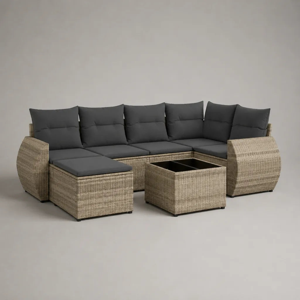 8-teiliges Garten-Loungeset, U-förmiges Gartensofa mit Hocker und Tisch aus PE-Rattan, Beige/Anthrazit/Schwarz, 318 × 230 × 84 cm
