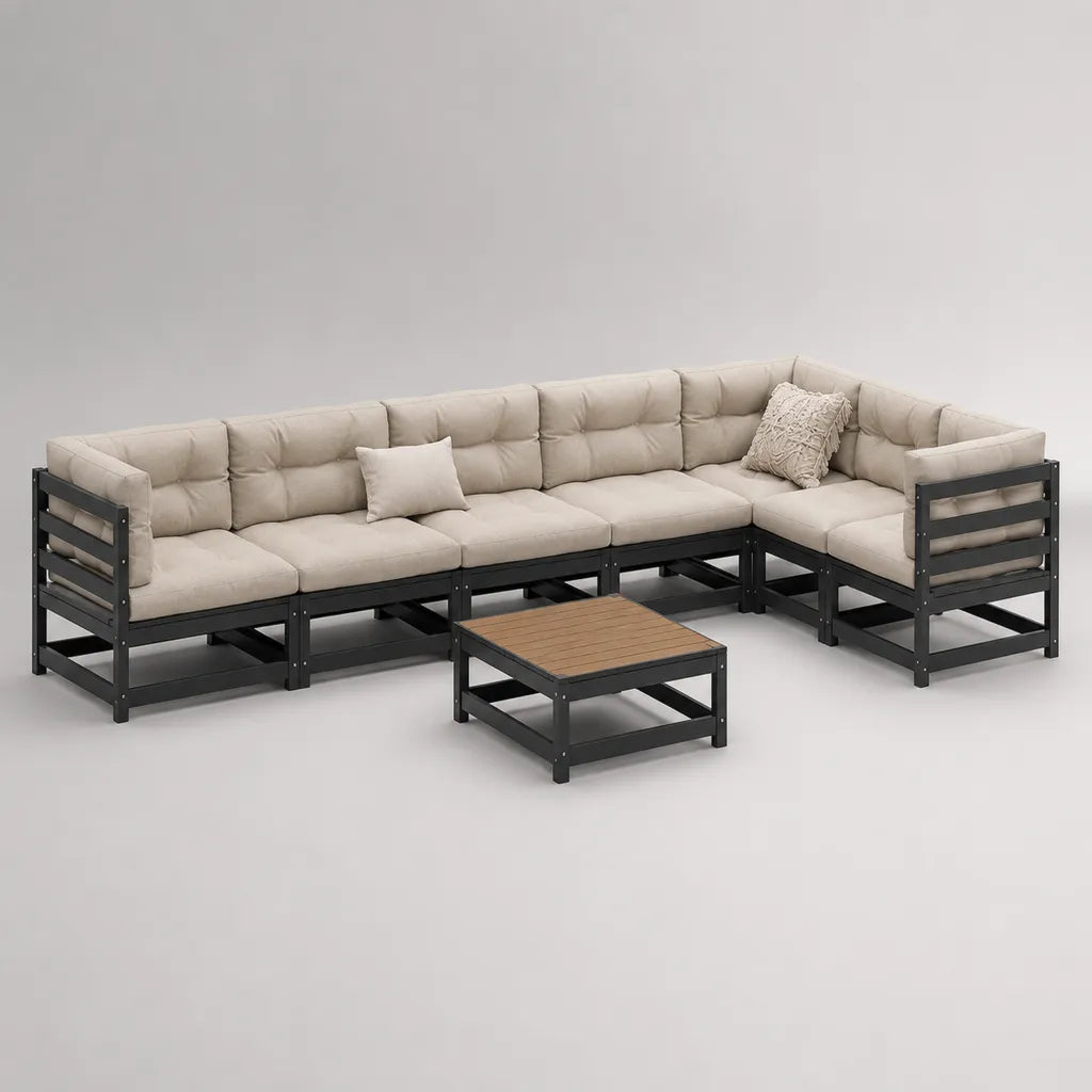 7-teiliges Garten-Ecksofa-Set aus Aluminium und Polyester mit WPC-Tisch, Beige/Schwarz/Braun, 300 × 210 × 76 cm, Tisch 70 × 70 × 36 cm