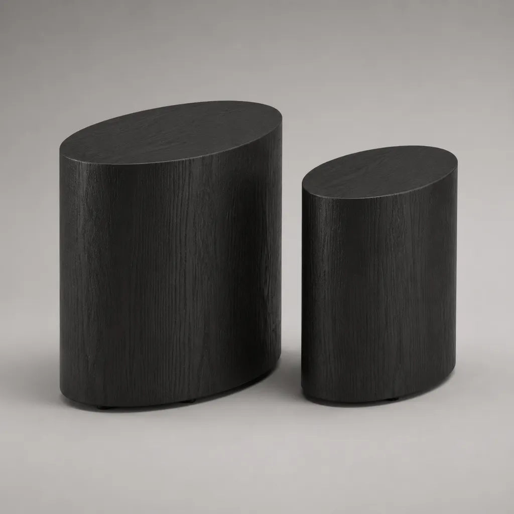 2-teiliges ovales Couchtisch-Set aus MDF mit Eschenfurnier, Schwarz, 50 × 35 × 55 cm und 38 × 28 × 45 cm
