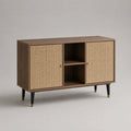 Sideboard mit 2 Rattantüren und 2 offenen Fächern, Spanplatte in Walnussdekor, Braun/Natur, 120 × 40 × 80 cm