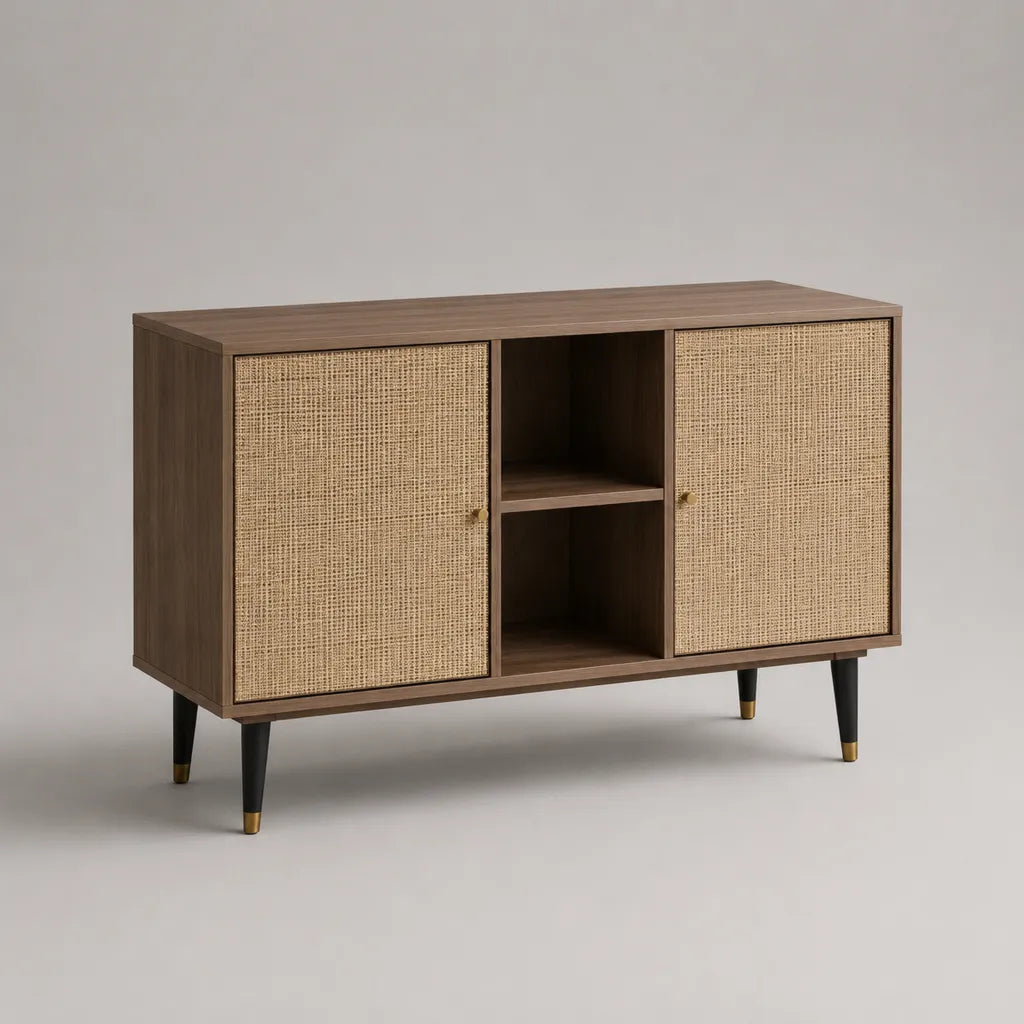 Sideboard mit 2 Rattantüren und 2 offenen Fächern, Spanplatte in Walnussdekor, Braun/Natur, 120 × 40 × 80 cm