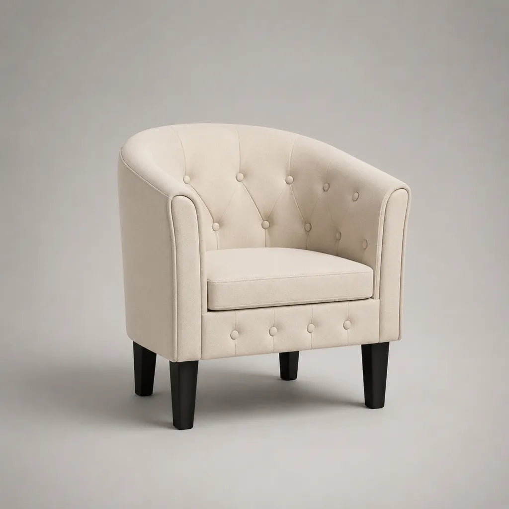 Cocktailsessel mit Armlehnen, Stoffbezug und Knopfheftung, Creme/Schwarz, 76 × 71 × 82 cm