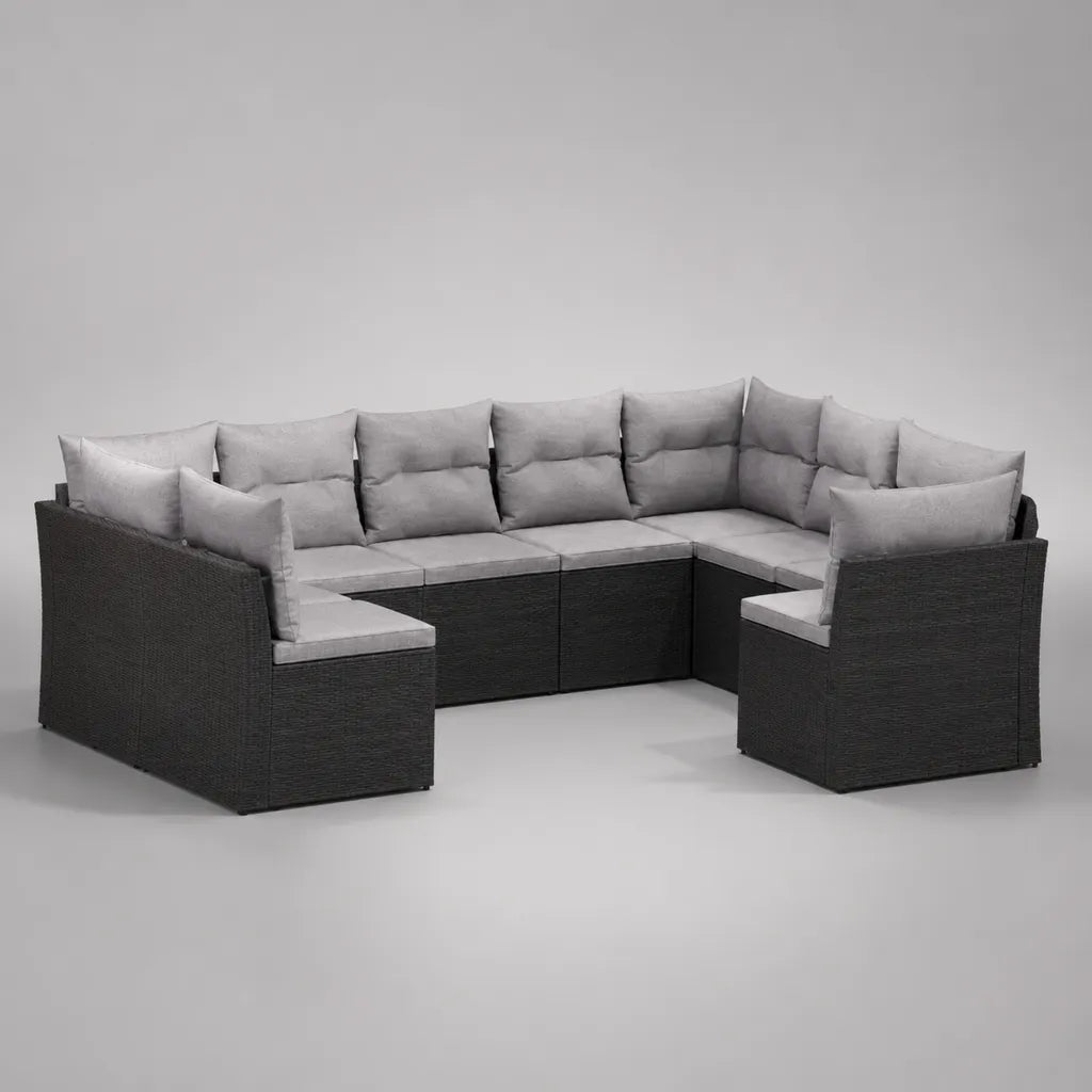 7-teiliges Gartensofa in U-Form aus PE-Rattan mit Polyesterkissen, Anthrazit/Hellgrau, 298 × 220 × 76 cm