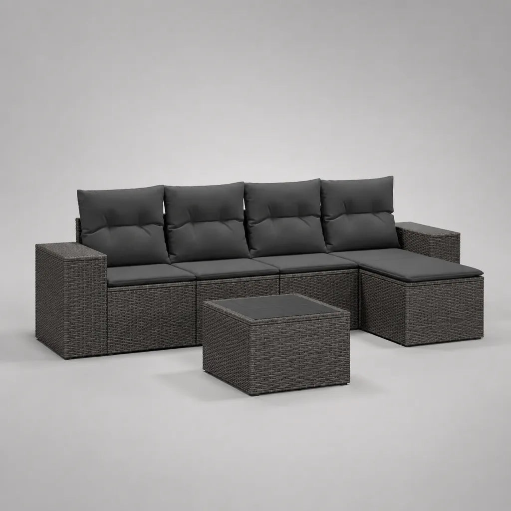 5-teiliges Gartenlounge-Set aus PE-Rattan mit 4-Sitzer-Ecksofa, rechter Ottomane und Glastisch, 260 × 140 × 74 cm, Anthrazit und Dunkelgrau