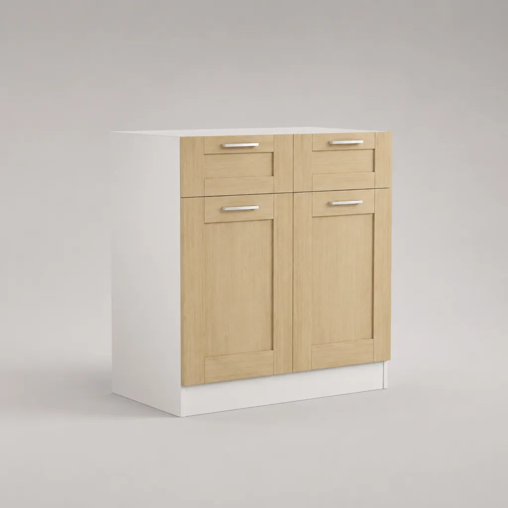 Küchenunterschrank aus MDF und Spanplatte mit Arbeitsplatte, 2 Türen und 2 Schubladen, Eiche hell und Weiß, 80 × 60 × 85 cm
