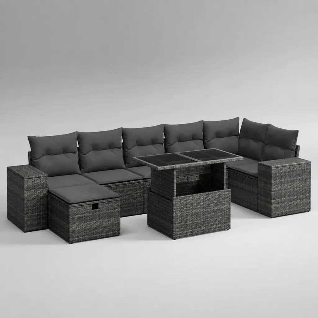Gartenlounge-Set für 10 Personen aus PE-Polyrattan und Stahl mit Esstisch, 3 Hockern und Kissen, L-Form, Dunkelgrau und Anthrazit, 238 × 180 × 74 cm