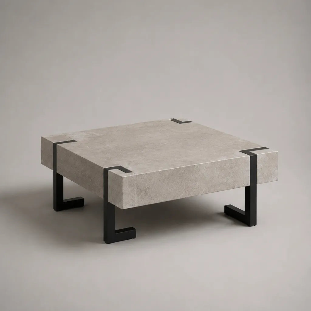 Quadratischer Couchtisch aus MDF in Betonoptik mit Stahlgestell, Hellgrau/Schwarz, 80 × 80 × 40 cm