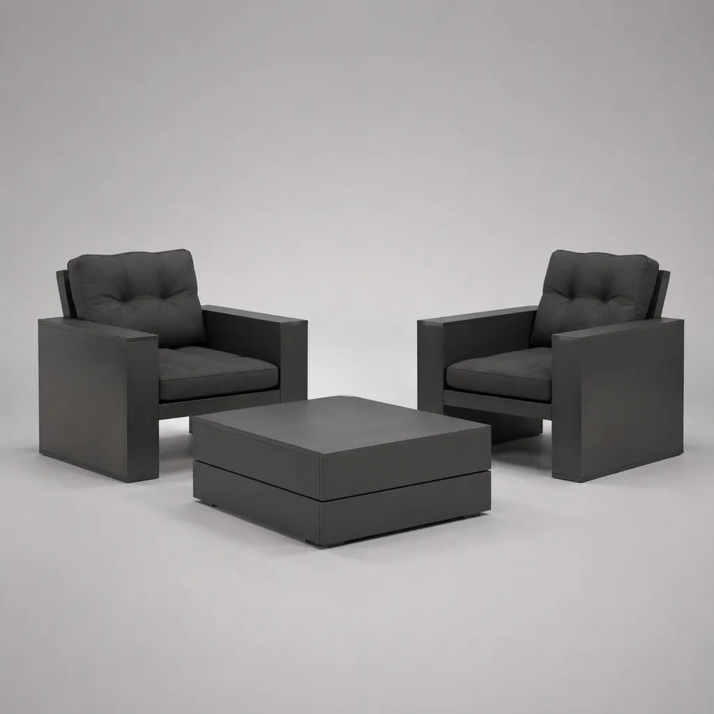 3-teiliges Garten-Lounge-Set aus Aluminium in Anthrazit, 2 Sessel 82 × 78 × 72 cm und Tisch 90 × 70 × 38 cm, mit Polsterauflagen