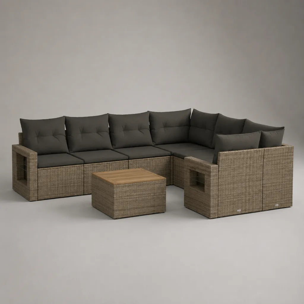 7-teiliges Gartensofa-Set in L-Form aus PE-Rattan, Stahl und Akazienholz, Taupe/Anthrazit/Natur, 268 × 204 × 72 cm
