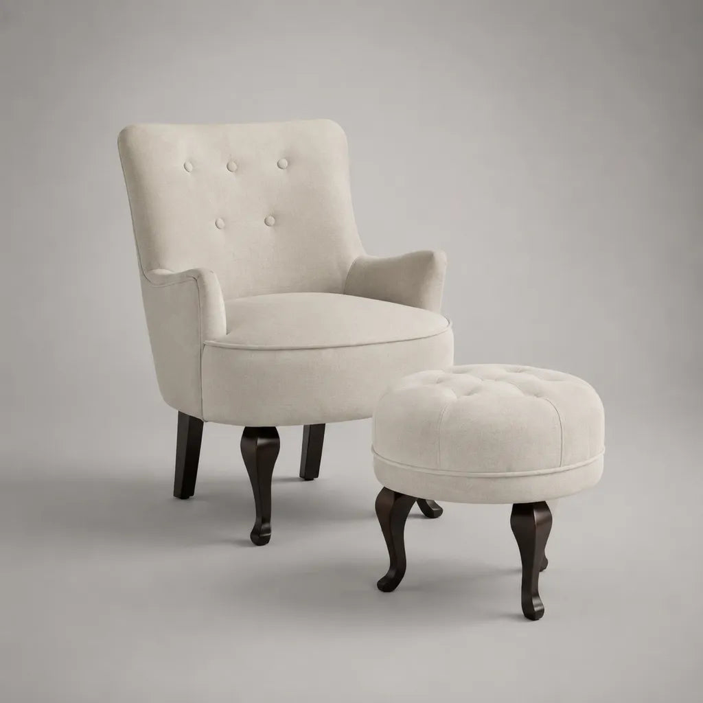 2-teiliges Sessel-und-Hocker-Set mit Stoffbezug, Schaumstoffpolsterung und Knopfheftung, Creme/Dunkelbraun, Sessel 78 × 76 × 92 cm, Hocker 58 × 45 × 43 cm