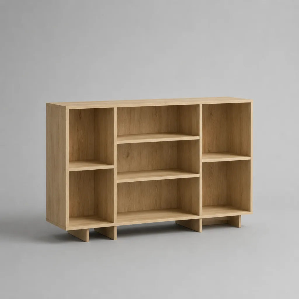 Rechteckiges Sideboard aus melaminbeschichteter Spanplatte mit 7 offenen Fächern, Eiche Natur, 120 × 35 × 90 cm