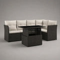 5-teilige Gartensitzgruppe aus PE-Rattan mit Ecksofa, Esstisch und Hocker, Dunkelgrau/Cremeweiß/Schwarz, ca. 230 x 170 x 85 cm