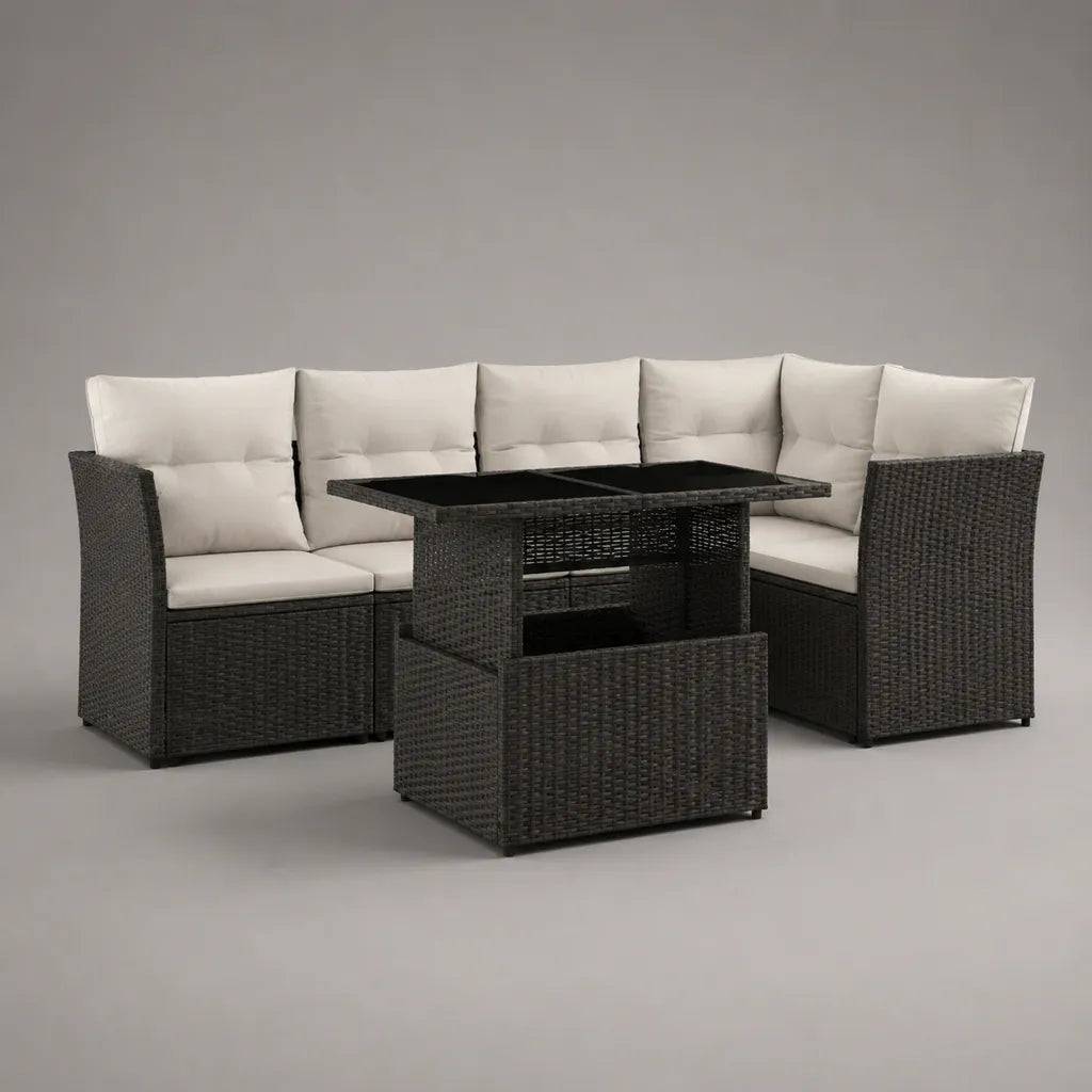 5-teilige Gartensitzgruppe aus PE-Rattan mit Ecksofa, Esstisch und Hocker, Dunkelgrau/Cremeweiß/Schwarz, ca. 230 x 170 x 85 cm